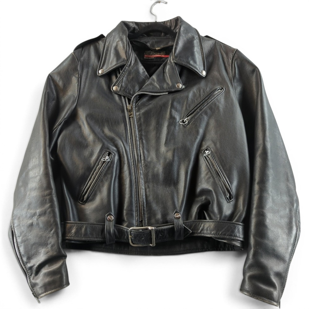 Vintage Brooks Leather Motorcycle Jacket Mens 44 L Double Rider Belted Talon USA